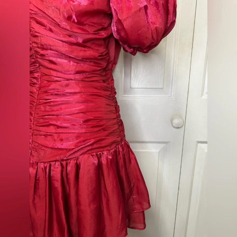 Storia Vibrant Red Mini Dress Ruched Ribbed M - Picture 8 of 9